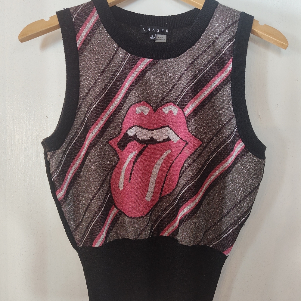 Chaser Pink and Black Rooling Stones Matalic Graphic Tank Top S